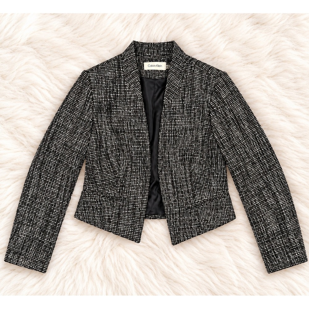 Calvin Klein Womens Black White Tweed Cropped Open Front Blazer Jacket Size 10
